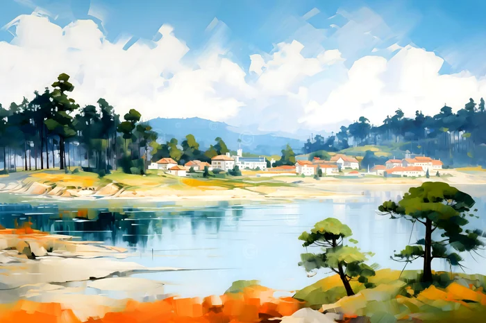 Phong cảnh làng ven hồ xanh mát