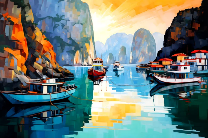 Phong cảnh biển với thuyền bè và núi đá