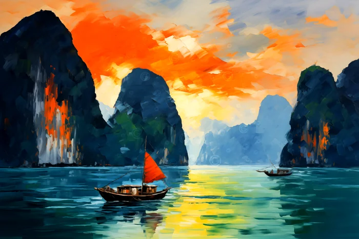 Tranh phong cảnh thuyền buồm trên biển lúc hoàng hôn