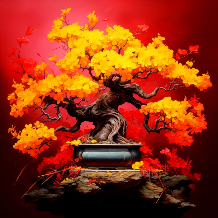 Cây bonsai vàng rực rỡ giữa sắc đỏ