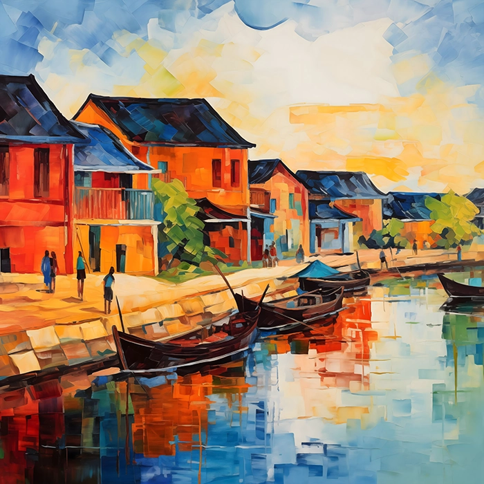 Phong cảnh làng chài bên sông lúc hoàng hôn