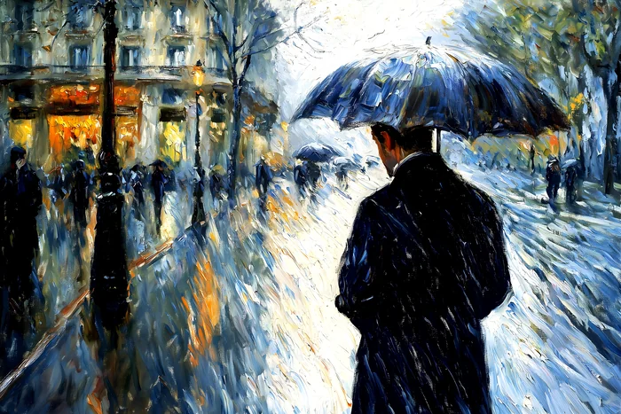 Tranh phong cảnh phố mưa với người cầm dù