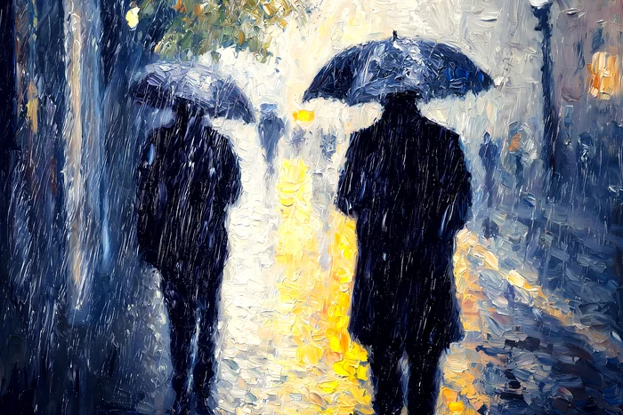 Tranh Người Đi Dưới Mưa Với Ô