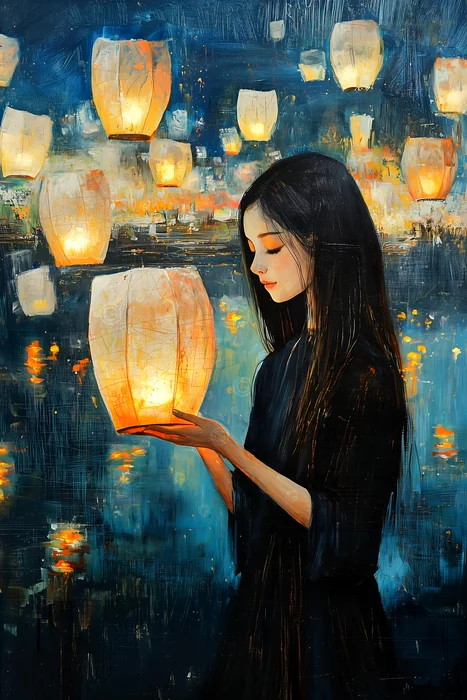 Cô gái thả đèn trời trong đêm yên tĩnh
