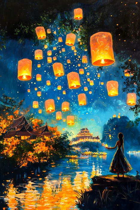 Tranh lễ hội đèn trời trên sông