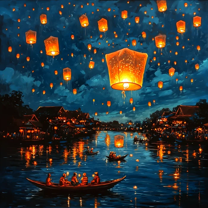 Tranh lễ hội đèn trời trên sông