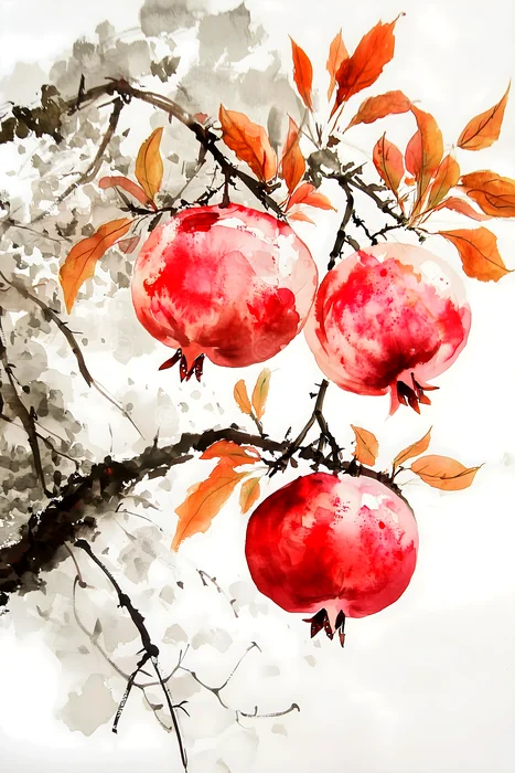 Tranh quả lựu đỏ tươi trên cành cây