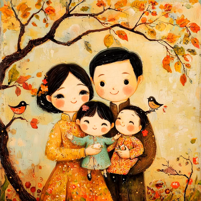 Tranh gia đình hạnh phúc mùa thu