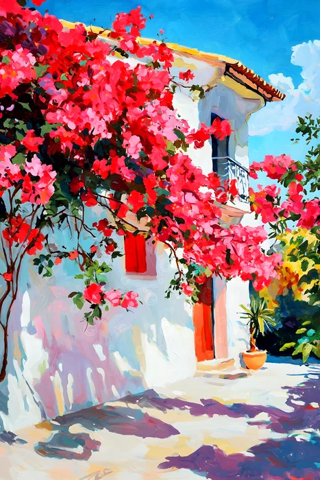 Ngôi nhà trắng bên hoa giấy đỏ rực rỡ