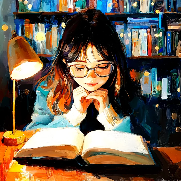 Tranh cô gái đọc sách trong thư viện