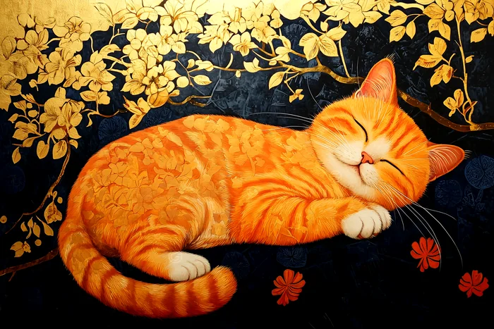 Tranh mèo cam ngủ trên nền hoa vàng