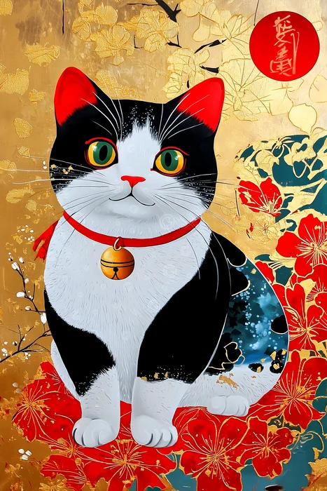 Tranh mèo đen trắng và hoa đỏ