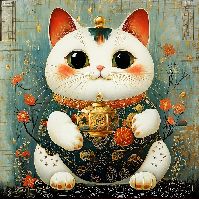 Tranh mèo thần tài may mắn