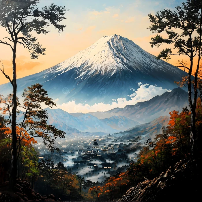 Tranh phong cảnh núi Phú Sĩ mùa thu