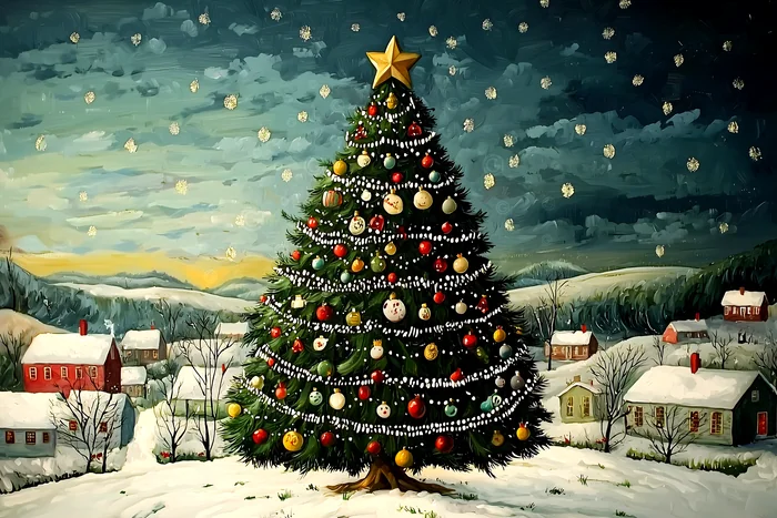 Cây thông Noel lấp lánh trong đêm đông tuyết trắng
