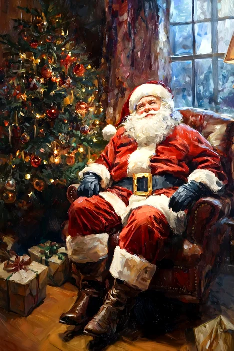 Tranh Ông Già Noel Ngồi Bên Cây Thông Giáng Sinh