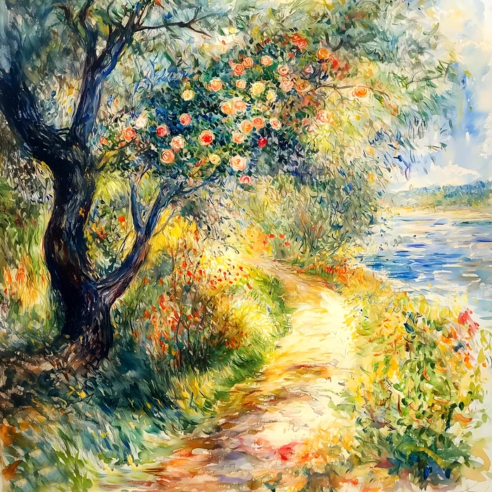 Tranh phong cảnh con đường ven sông và cây hoa hồng