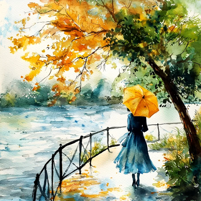 Tranh phong cảnh người phụ nữ cầm ô đi bên hồ