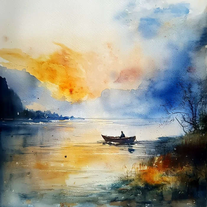 Cảnh thuyền đơn lẻ trên hồ lúc hoàng hôn