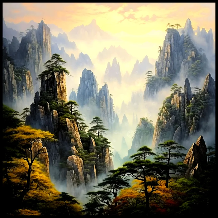 Tranh phong cảnh núi non sương mù
