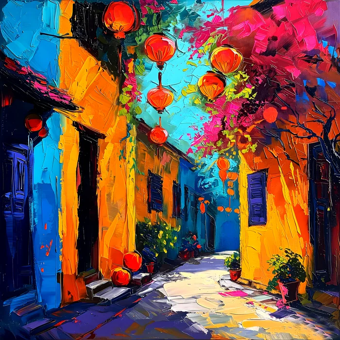 Tranh phố cổ rực rỡ sắc màu với đèn lồng
