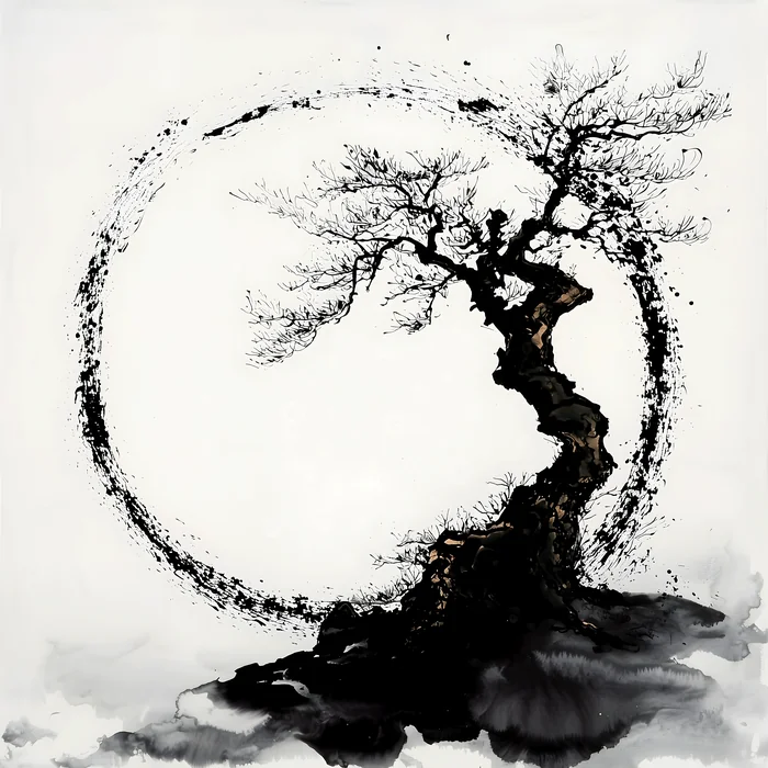 Cây già cô đơn trong vòng tròn mực đen