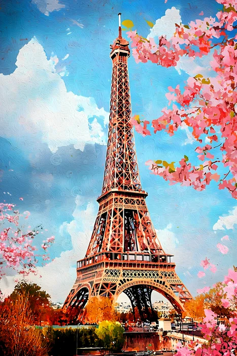 Tranh Tháp Eiffel trong mùa xuân
