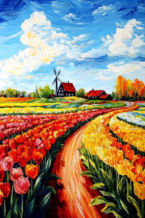 Tranh cánh đồng hoa tulip với cối xay gió