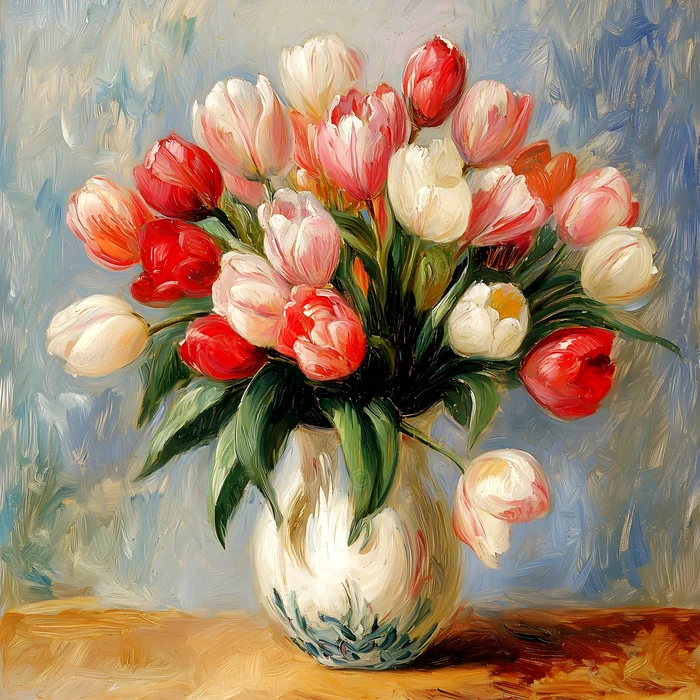 Bình hoa tulip đỏ trắng tinh khôi