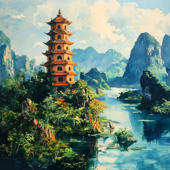 Tháp cổ giữa thiên nhiên sơn thủy hữu tình