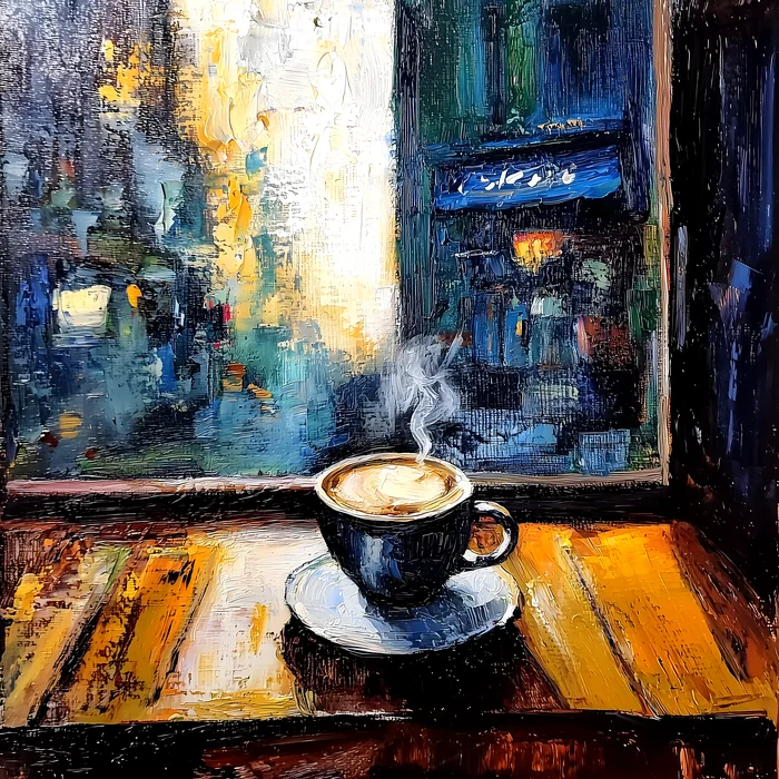 Tách cafe nóng trên bàn gỗ bên cửa sổ