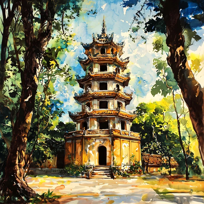 Tranh ngôi chùa cổ giữa rừng xanh tươi