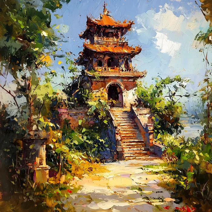 Tranh phong cảnh đền chùa cổ kính bên sườn đồi