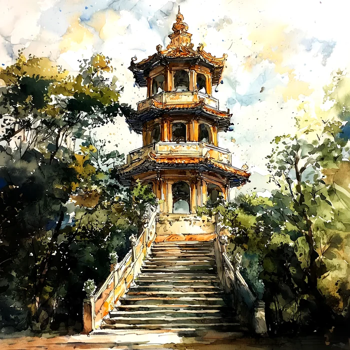 Tranh phong cảnh chùa cổ trên đồi xanh