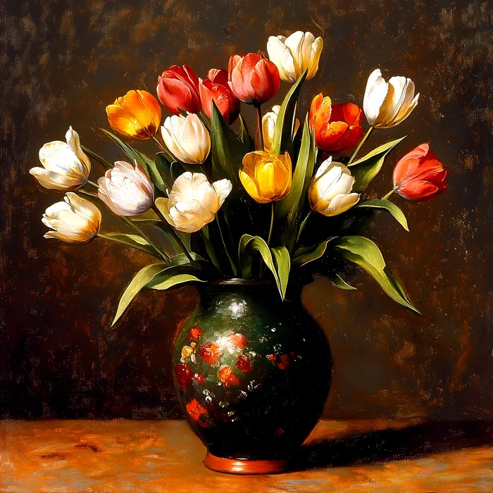 Tranh bình hoa tulip nhiều màu sắc