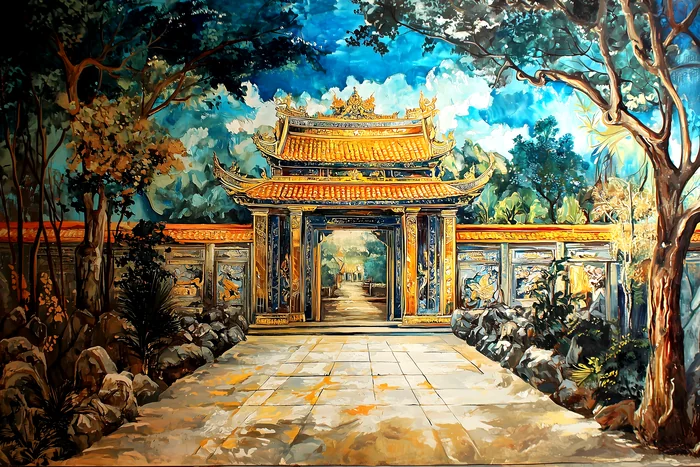 Tranh cổng tam quan cổ kính trong khuôn viên đền chùa