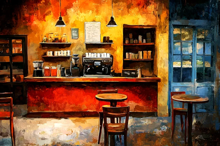 Tranh quán cà phê vintage ấm cúng