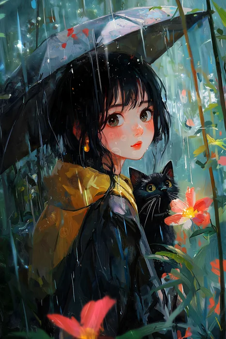 Tranh cô gái dưới mưa cùng mèo đen