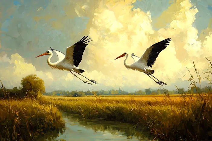 Tranh đôi cò bay trên đồng lúa