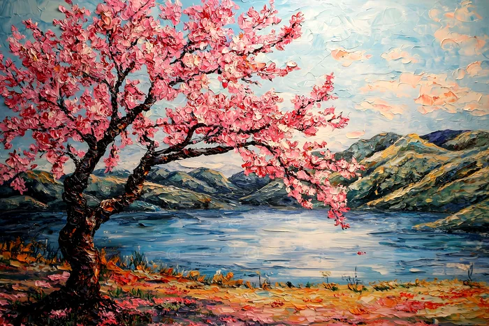 Cây hoa đào bên hồ nước mùa xuân