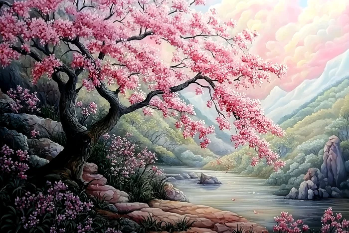 Tranh phong cảnh cây hoa anh đào bên suối