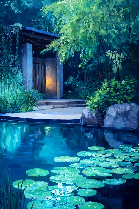 Tranh phong cảnh hồ nước và cổng vườn