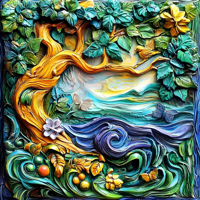 Tranh cây cổ thụ và thiên nhiên sống động