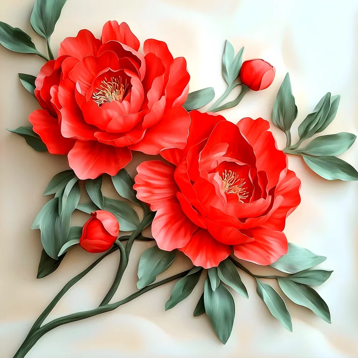 Tranh hoa mẫu đơn đỏ rực rỡ tinh tế