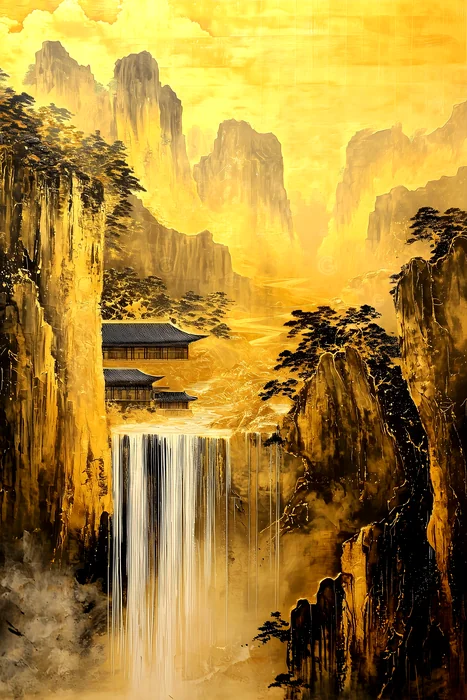 Tranh phong cảnh thác nước núi non vàng