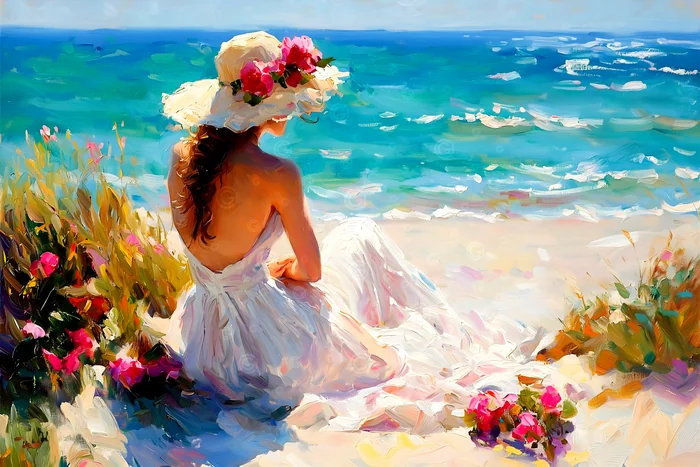 Tranh cô gái ngồi bên bờ biển