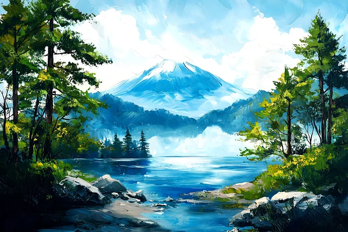Tranh phong cảnh núi và hồ nước