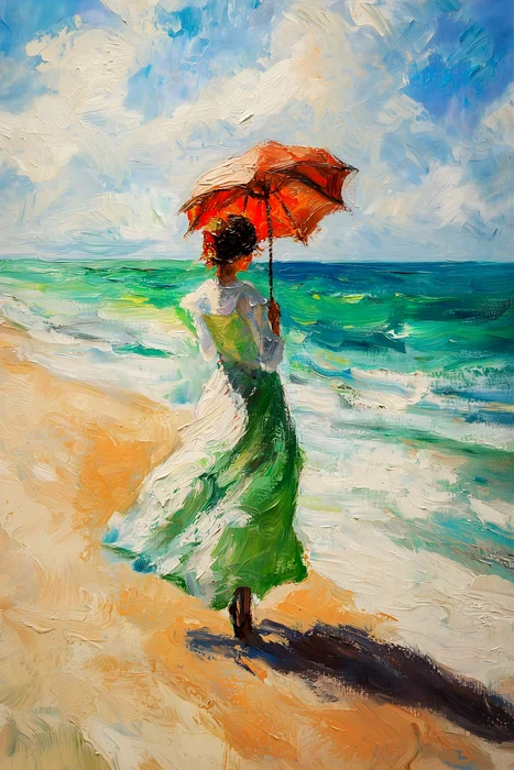 Tranh cô gái cầm ô trên bãi biển