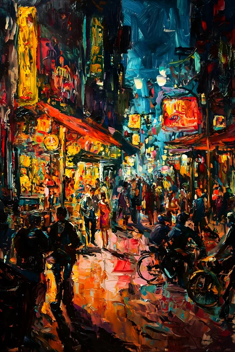 Phố đêm đông đúc ánh đèn rực rỡ