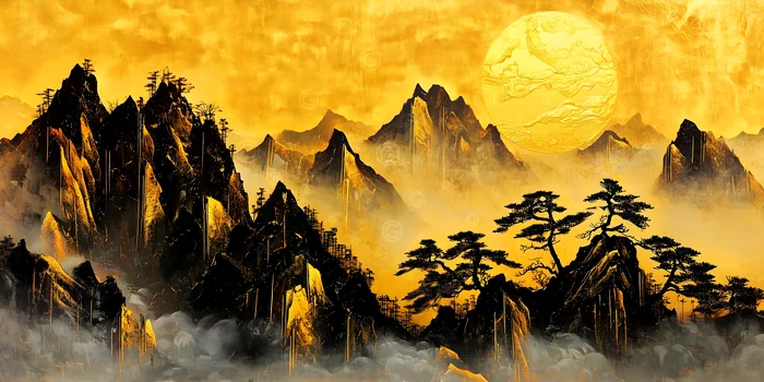 Tranh phong cảnh núi non và mặt trời vàng